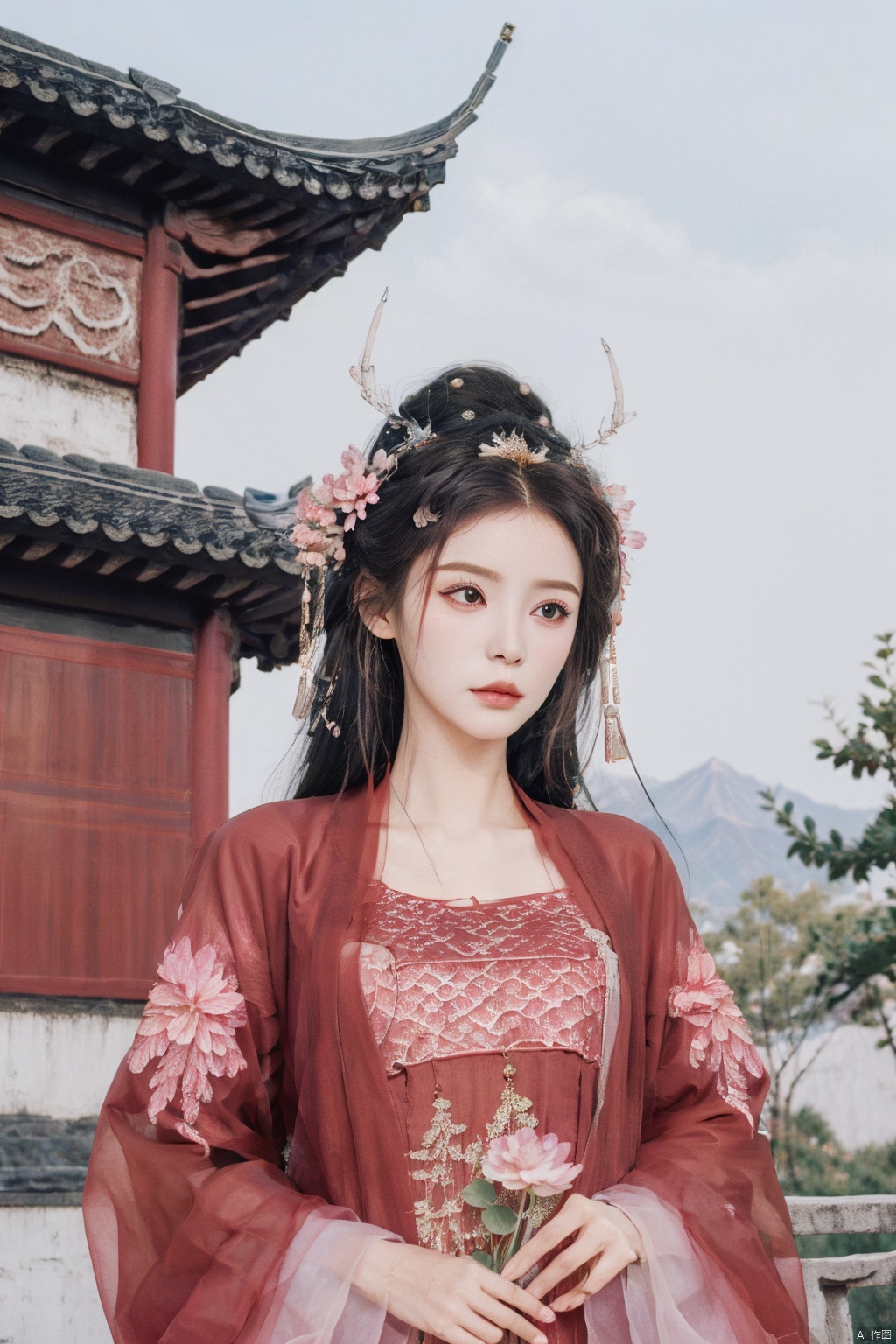  best quality,masterpiece,realistic,hair ornament,1girl,solo,black hair,long hair,mountain,cloud,(flower:1.2),upper body,wind,hanfu , hair ornament , chinese clothes,leaf,head hold, east_asian_architecture,bridge,stone,water, east_asian_architecture