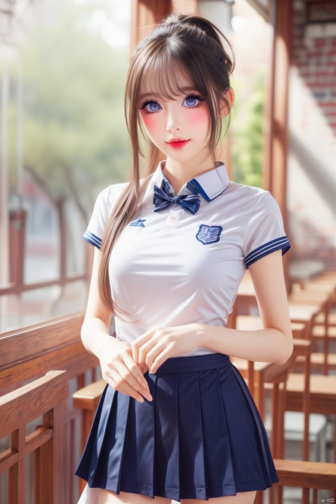  Ultra-realistic 8k CG,masterpiece,best quality,(photorealistic:1.4),HDR,absurdres,Professional,RAW photo,lens flare,(film grain:1.1),Bokeh,((Depth of field)),studio light,1girl,blue eyes,exquisite face,bangs,solo,best ratio four fingers and one thumb,portrait,upper body,Highly detailed,Professional,extreme detail description,looking at viewer,early morning serenity,standing,school_uniform,serafuku,microskirt,miniskirt,classroom,ponytail