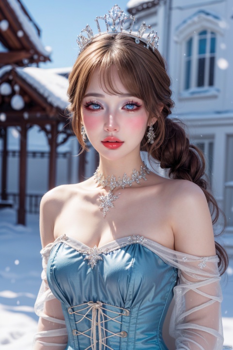  masterpiece,best quality,realistic,highres,Highly detailed,blurry background,1girl,((portrait)),braided ponytail,crystal earrings,((crown)),crystal crown,blue dress,corset,blue_bow,collar,bangs,,elsa \(frozen\) \(cosplay\),icetiina,frozen\(disney\),winter,snow,snowing,,