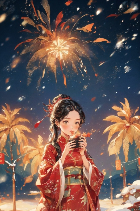 A beautiful Chinese female model wearing fashionable clothes, holding fireworks in her hand in the snow. spring festival,ultra realistic,Sunshine,bright,Medium Shot,cinematic,Volumetric lighting,Joyful atmosphere, y2k aesthetic, villagecore, captivating, historical, xmaspunk, (\long yun heng tong\), chinese style, cute girl