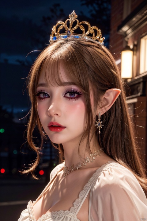 masterpiece,best quality,realistic,highres,Highly detailed,blurry background,1girl,((portrait)),bangs,elf,elf ear,crystal earrings,((crown)),crystal crown,(black dress),(juliet sleeves),corset,red_bow,collar,((night)),fluorescent plant,neon lights,collared dress