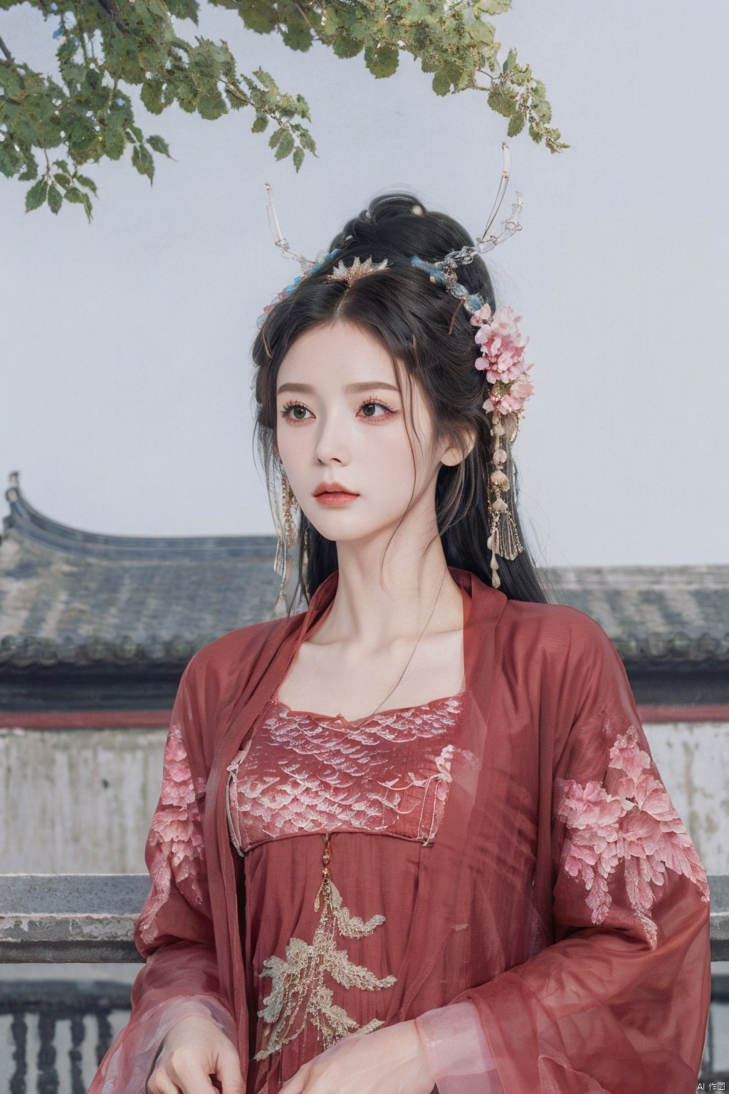  best quality,masterpiece,realistic,hair ornament,1girl,solo,black hair,long hair,mountain,cloud,(flower:1.2),upper body,wind,hanfu , hair ornament , chinese clothes,leaf,head hold, east_asian_architecture,bridge,stone,water, east_asian_architecture