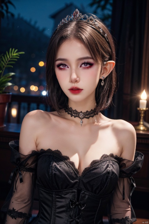 masterpiece,best quality,realistic,highres,Highly detailed,blurry background,1girl,((portrait)),bangs,elf,elf ear,crystal earrings,((crown)),crystal crown,(black dress),(juliet sleeves),corset,red_bow,collar,((night)),fluorescent plant,neon lights