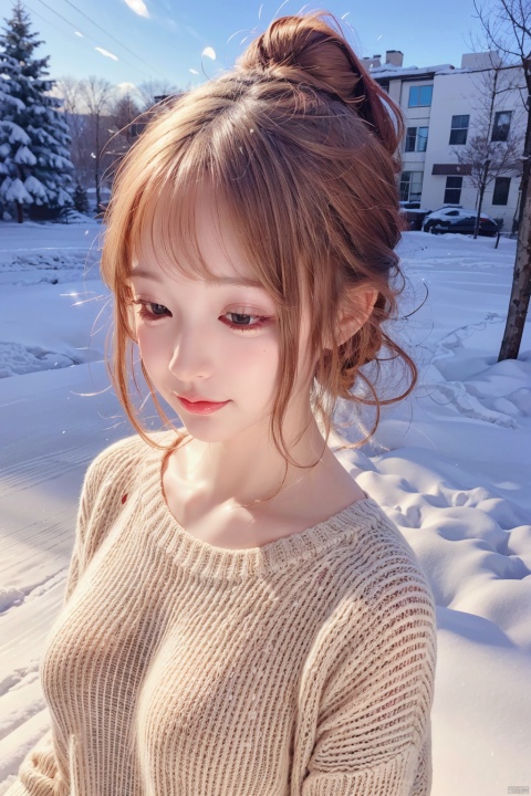  upper body photos of a girl, red sweater, winter, realism, HD 16K, snow,water,leaf,plant,ponytail,braided ponytail,