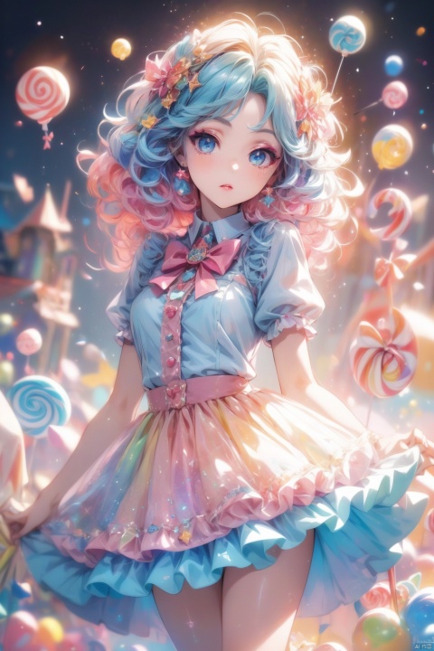  1 girl, alone, best quality, masterpiece , Hoshino Ruby, hair accessories, sparkling eyes, eyes with stars, (There is a star in the right eye:1), (skirt:1.4), (Concert 1), on stage,
,candy, makeup, multicolored hair,lollipop,