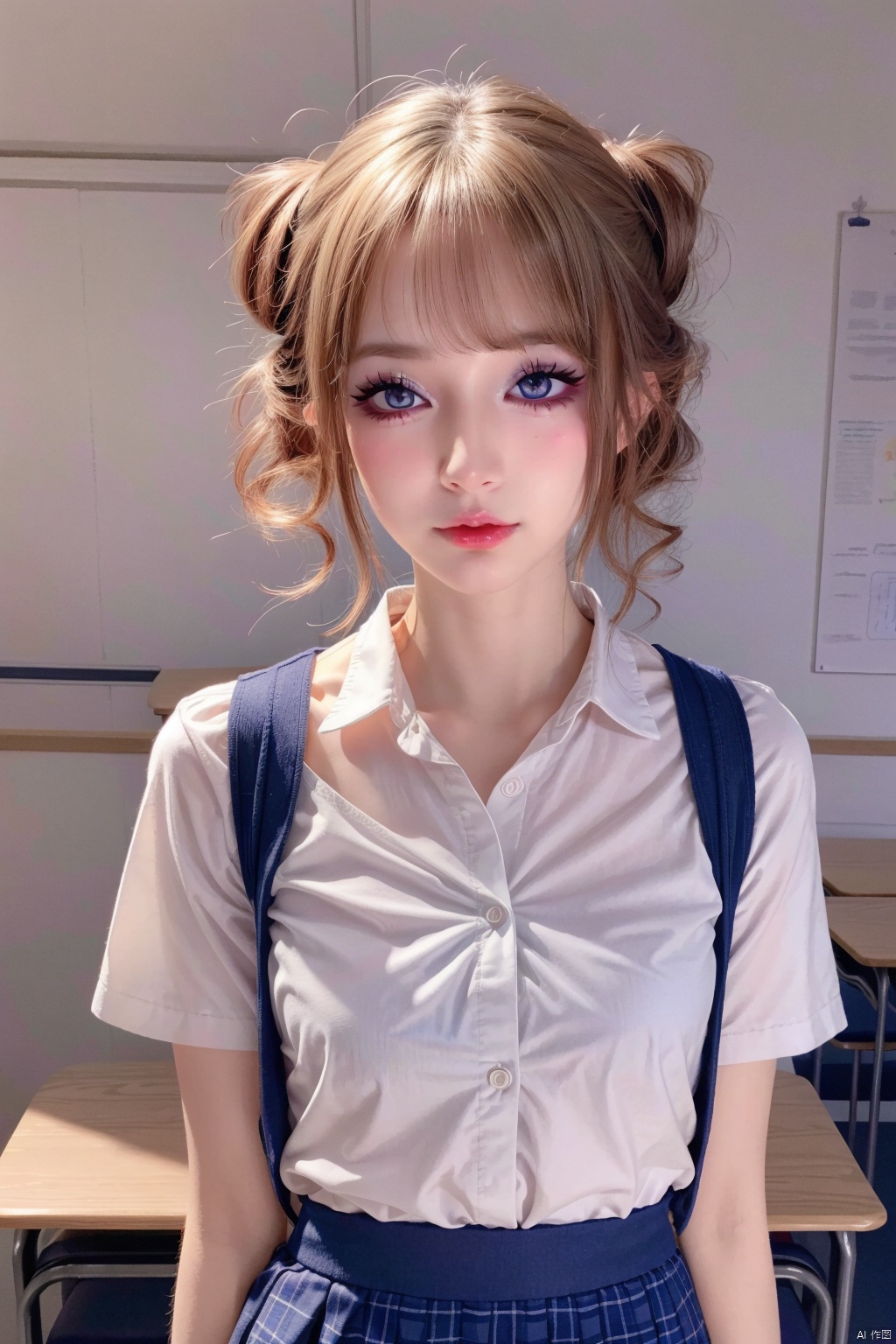  Ultra-realistic 8k CG,masterpiece,best quality,(photorealistic:1.4),HDR,absurdres,Professional,RAW photo,lens flare,(film grain:1.1),Bokeh,((Depth of field)),studio light,1girl,blue eyes,exquisite face,bangs,solo,best ratio four fingers and one thumb,portrait,upper body,Highly detailed,Professional,extreme detail description,looking at viewer,early morning serenity,standing,school_uniform,serafuku,microskirt,miniskirt,classroom,curly hair,twintails