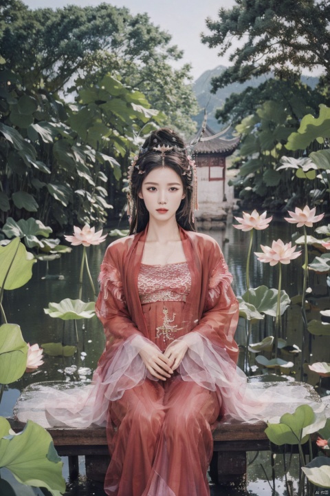  best quality,masterpiece,realistic,hair ornament,1girl,solo,black hair,long hair,mountain,cloud,(flower:1.2),upper body,wind,hanfu , hair ornament , chinese clothes,leaf,head hold, east_asian_architecture,bridge,stone,water, east_asian_architecture,from above,lotus,lily pad,sitting,