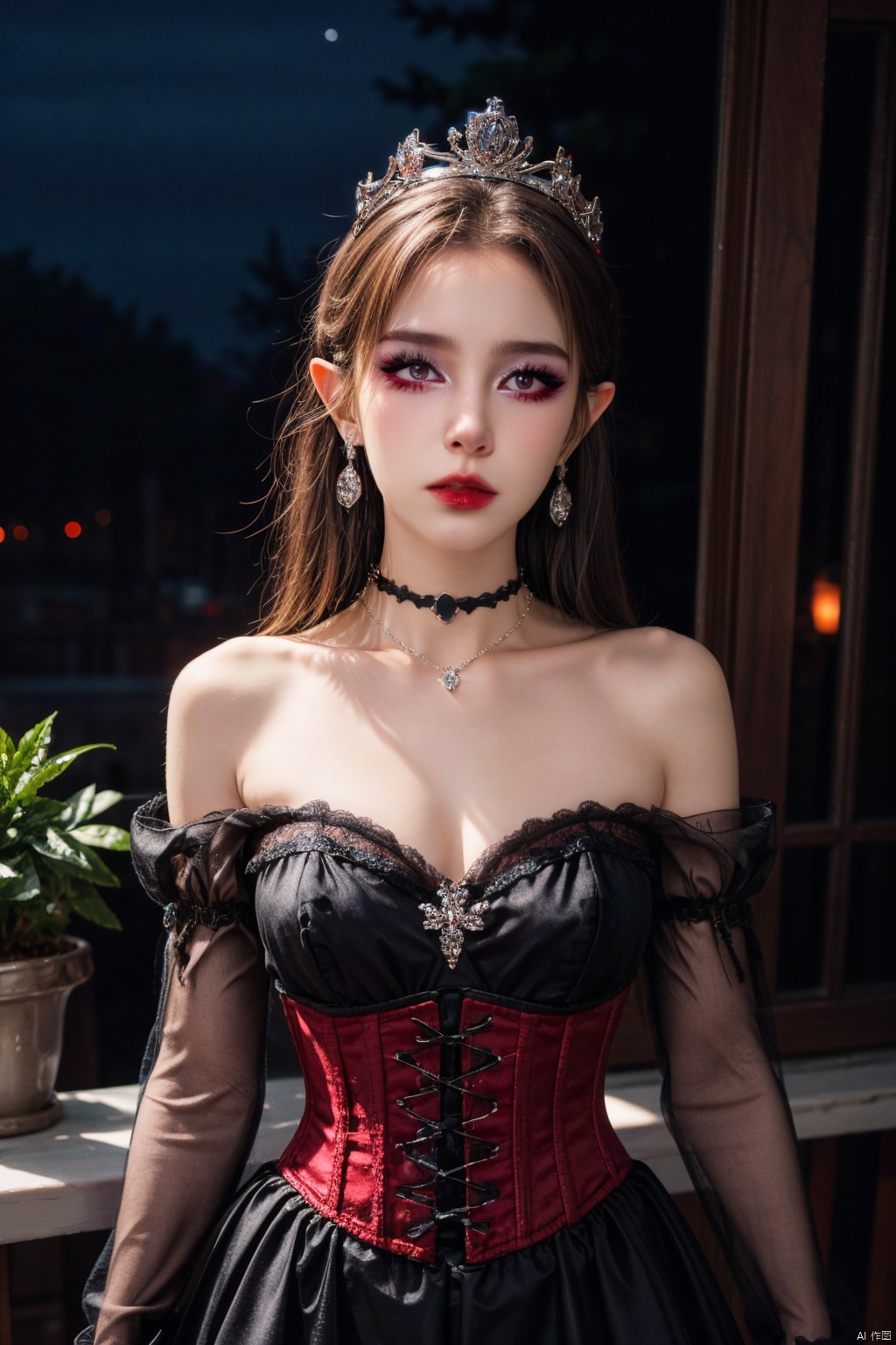  masterpiece,best quality,realistic,highres,Highly detailed,blurry background,1girl,((portrait)),bangs,elf,elf ear,crystal earrings,((crown)),crystal crown,(black dress),(juliet sleeves),corset,red_bow,collar,((night)),fluorescent plant,neon lights,collared dress,gem necklace,choker