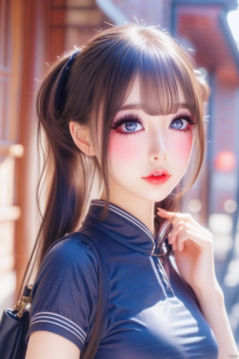 Ultra-realistic 8k CG,masterpiece,best quality,(photorealistic:1.4),HDR,absurdres,Professional,RAW photo,lens flare,(film grain:1.1),Bokeh,((Depth of field)),studio light,1girl,blue eyes,exquisite face,bangs,solo,best ratio four fingers and one thumb,portrait,upper body,Highly detailed,Professional,extreme detail description,looking at viewer,early morning serenity,standing,school_uniform,serafuku,microskirt,miniskirt,classroom,curly hair,twintails, 