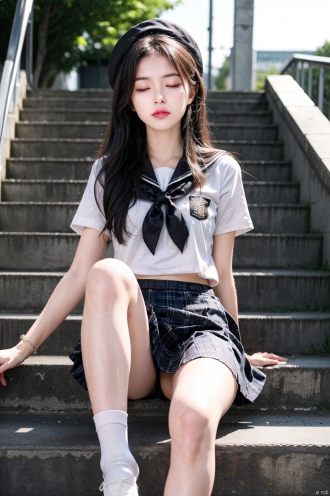 1girl, solo, long hair, skirt, black hair, hat, bow, jewelry, sitting, school uniform, closed eyes, short sleeves, outdoors, serafuku, socks, sailor collar, blurry, bracelet, plaid, cosplay, blurry background, plaid skirt, white skirt, crossed legs, white socks, stairs, reference inset, photo inset