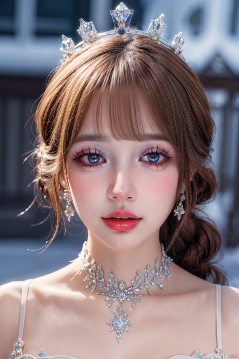  masterpiece,best quality,realistic,highres,Highly detailed,blurry background,1girl,((portrait)),close-up,braided ponytail,crystal earrings,((crown)),crystal crown,blue dress,corset,blue_bow,collar,bangs,,elsa \(frozen\) \(cosplay\),icetiina,frozen\(disney\),winter,snow,snowing,,