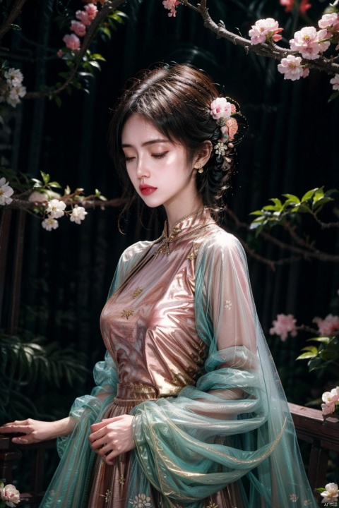 1girl, solo, brown hair, black hair, hair ornament, dress, jewelry, closed mouth, closed eyes, upper body, flower, short sleeves, earrings, hand up, hair flower, blurry, blurry background, chinese clothes, floral print, china dress, realistic, branch, flower earrings,wisteria,cutout dress,, colorful , neon_dress , huansha , neon ,
