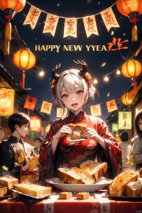 no humans,bread,(toast),humanization,personification,chinese new year,happy new year,lantern,dragon,(eastern dragon),(toast man:1.3)