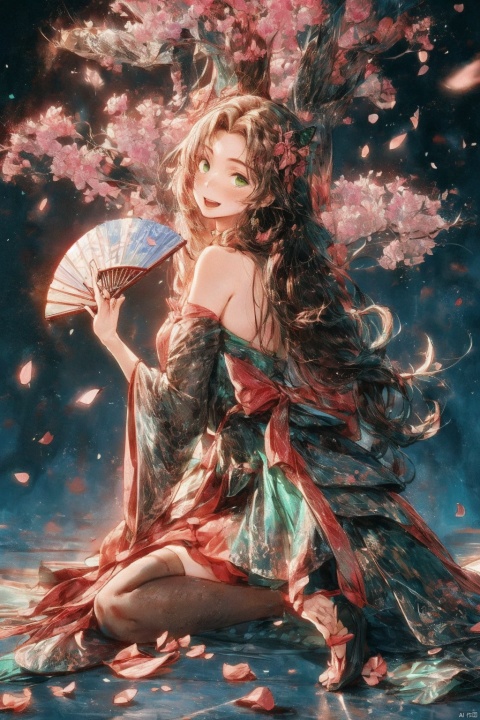  1girl, aerith_gainsborough, brown_hair, cherry_blossoms, confetti, falling_petals, floral_print, flower, green_eyes, hair_flower, hair_ornament, interlocked_fingers, japanese_clothes, jewelry, kimono, long_hair, looking_at_viewer, open_mouth, own_hands_together, petals, pink_dress, rose_petals, sandals, smile, solo, very_long_hair, backlight, colors, white pantyhose, (\fan hua\), dress, detached sleeves, thighhighs