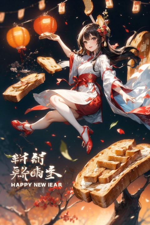  no humans,bread,(toast:1.5),chinese new year,happy new year,Chinese lantern,flying,(eastern dragon),humanization,(toast man:1.3),hanfu