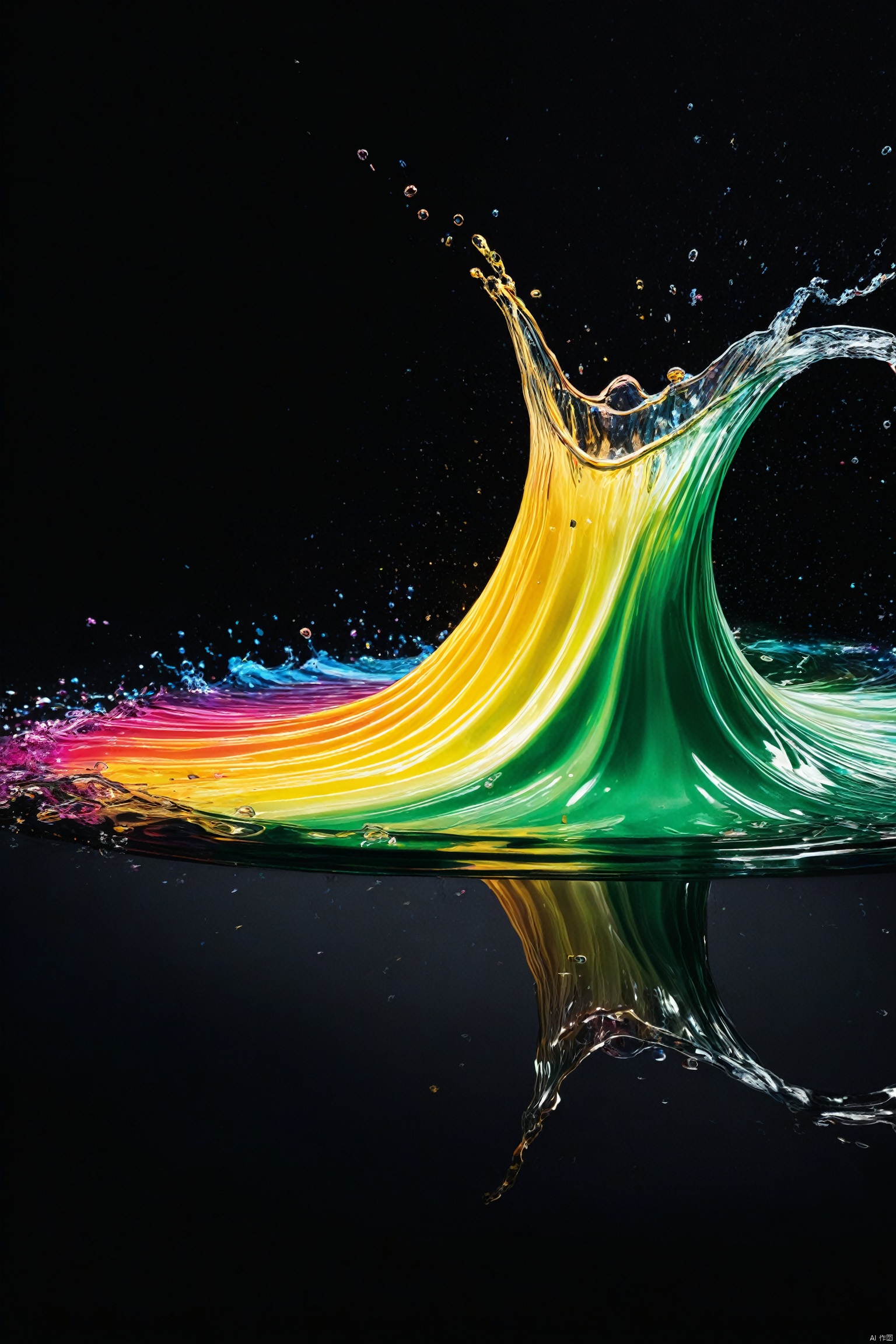  black background, water, ray tracing, f/1.2,Poster,flowing,geen,sprinkle,dynamic and colorful,gradient,shiny,phantom,still life,no humans,magazine cover,Graphic design,