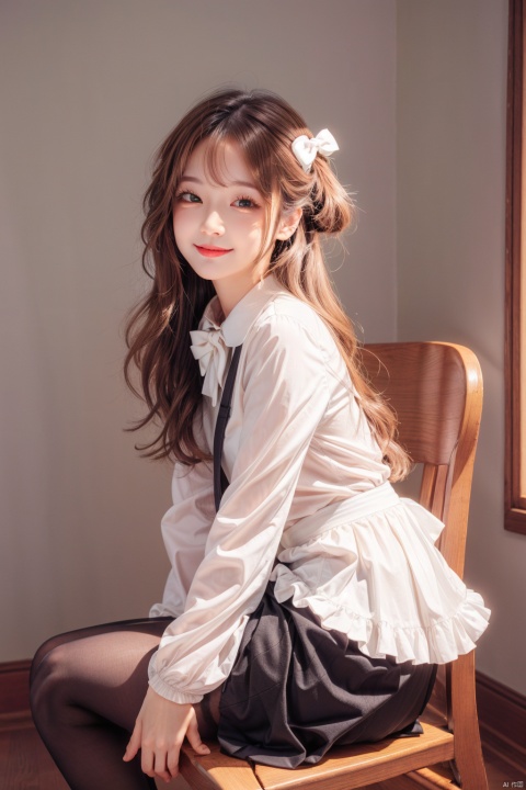 1girl, solo, pantyhose, green eyes, white pantyhose, center frills, long hair, long sleeves, frills, bow, no shoes, shirt, hair between eyes, skirt, white shirt, smile, chair, bangs, hair bow, looking at viewer, very long hair, closed mouth, blush, frilled skirt,sleeves past wrists, full body, indoors, black skirt, suspender skirt, green theme, green bow, white bow, feet, plant, white hair, puffy long sleeves, day, suspenders,pantyhose, backlight, 