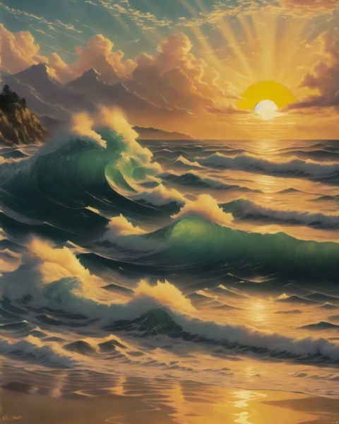  The ocean-like current of thought surges and recedes,the turbulent waves crashing against the shores of consciousness. The golden sunshine shines on the sea,symbolizing hope.,