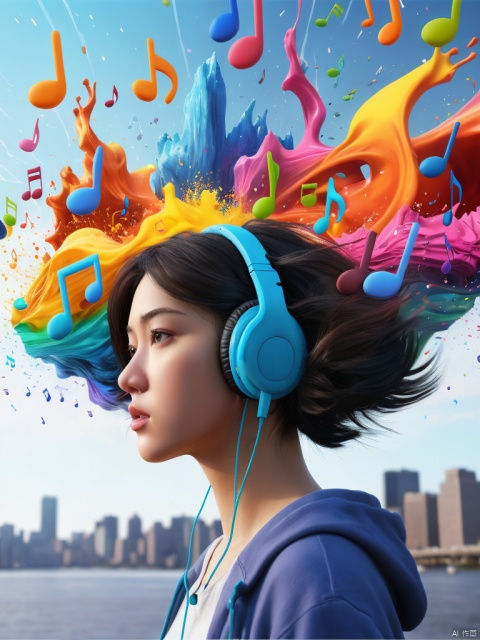 Colorful music notes. Asian girl listening to music,hair explosion,earphones,sounds,waves,abstract surrealism,
[ink splash:0.4],explosion of colors,hair fading into background colors,gorgeous hyperrealism,attractive,cartoon,a detailed matte painting by Nathan Coley,[:anime line art:0.2],Sound themed,epic splash art,hudson river school,surrealism,glow effects,godrays,Hand drawn,render,8k,octane render,cinema 4d,blender,dark,atmospheric 4k ultra detailed,cinematic,Sharp focus,big depth of field,colors,3d octane render,4k,concept art,trending on artstation,hyperrealistic,Vivid colors,extremely detailed CG unity 8k wallpaper,trending on CGSociety,Intricate,High Detail,dramatic,
(exceptional, best aesthetic, new, newest, best quality, masterpiece:1.2),