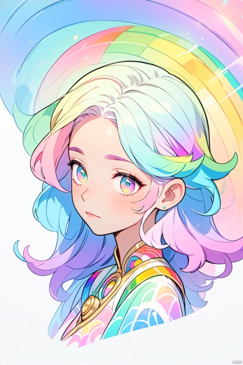  solo,(masterpiece), (best quality),The image showcases a digital artwork of a character with pastel-colored hair, vibrant eyes, and a transparent rainbow-patterned garment. The character appears contemplative, with a focus on the right side of their face