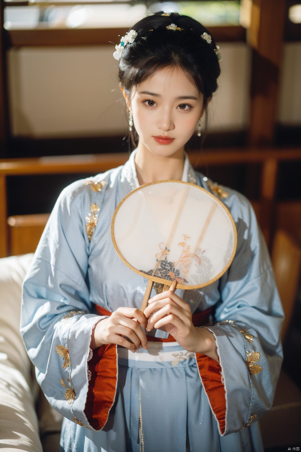 1girl,tuanshan,traditional attire,holds a fan,upper body,, masterpiece,best quality,very aesthetic,absurdres,holdding a fan,moyou