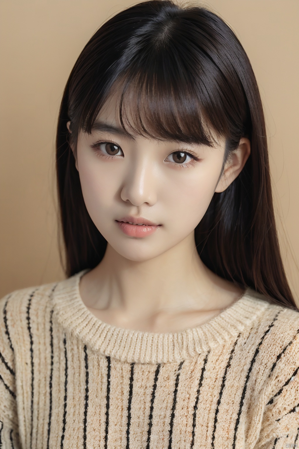 Camera film style,masterpiece, best quality,1girl, asians, a young woman with long, straight dark hair. She has a fair complexion and is gazing directly at the camera. She is wearing a knitted sweater with a patterned design, predominantly in beige and black tones. The background is plain, ensuring the viewer's focus remains on the subject