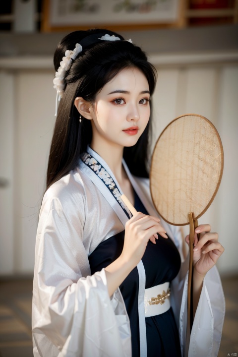 1girl,tuanshan,traditional attire,hanfu,holds a fan,upper body,, masterpiece,best quality,very aesthetic,absurdres,holdding a fan
