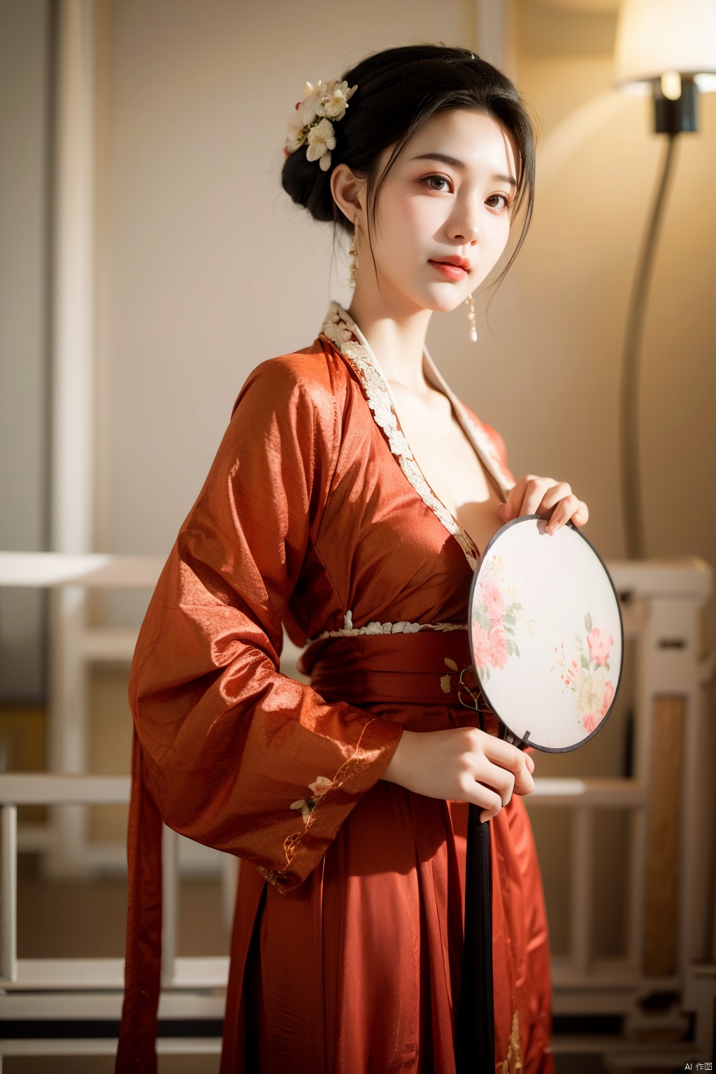 1girl,tuanshan,red traditional attire,holds a fan,upper body,, masterpiece,best quality,very aesthetic,absurdres,holdding a fan