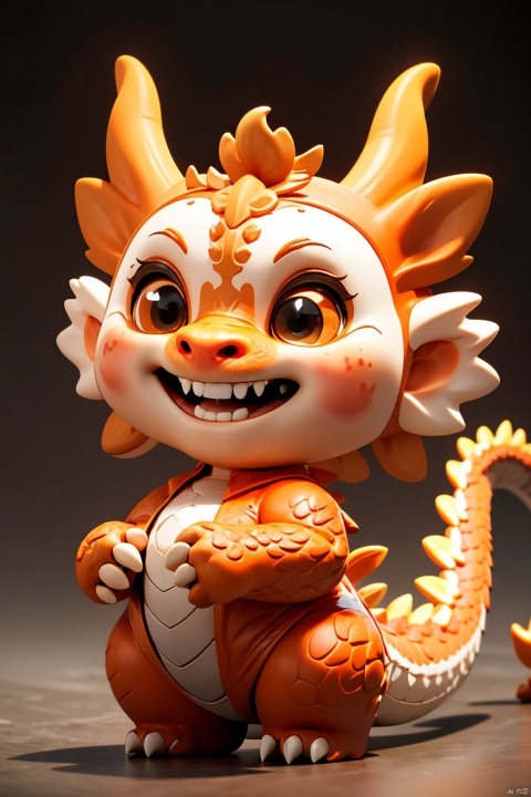 NY_BQB, no humans, eastern dragon, chibi, orange and blue skin, solo, smile, fangs, standing, full body, closed mouth, simple background, brown eyes, flower, white background, blush, fangs out