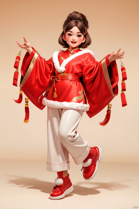 NY_BQB, solo, 1girl, standing, simple background, open mouth, brown hair, full body, smile, chinese clothes, pants, looking at viewer, chinese new year, holding, lucky fu, blush, long sleeves, red footwear, fur trim, short hair, teeth, white background, black eyes, shoes