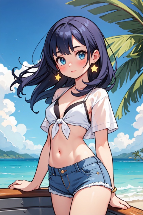 masterpiece, best quality,A girl with long blue hair and blue eyes, wearing a bikini under denim shorts and a tied white shirt, standing on a boat in the ocean under a clear blue sky. She has a crop top revealing a small stomach and is looking directly at the viewer with a closed mouth. Her hair is floating in the sunlight, and there are palm trees and a star symbol in her eye, symbolizing a sense of wonder and adventure. The scene is vibrant with vivid colors and a tropical atmosphere, featuring clouds, a star symbol, and a tree in the background to enhance the overall composition.