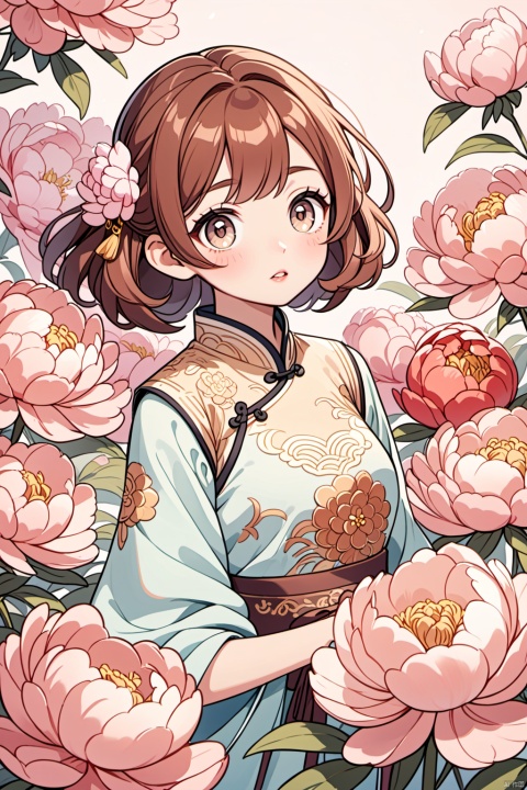 1girl,solo, an animated character with brown hair and large, expressive eyes. She is surrounded by peonies, wearing a traditional Chinese blouse with intricate designs. The overall tone of the image is soft and pastel, with a touch of elegance.