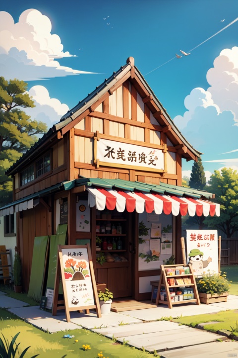  Fence, Mini Store, Grocery Store, Shop Sign, Detailed Illustrations, Bamboo Grove, Bamboo, Fruit Factory, Detailed Character Design, Panda, Colorful Banners, Clouds, Grass From Background
masterpiece,best quality,very aesthetic,absurdres,