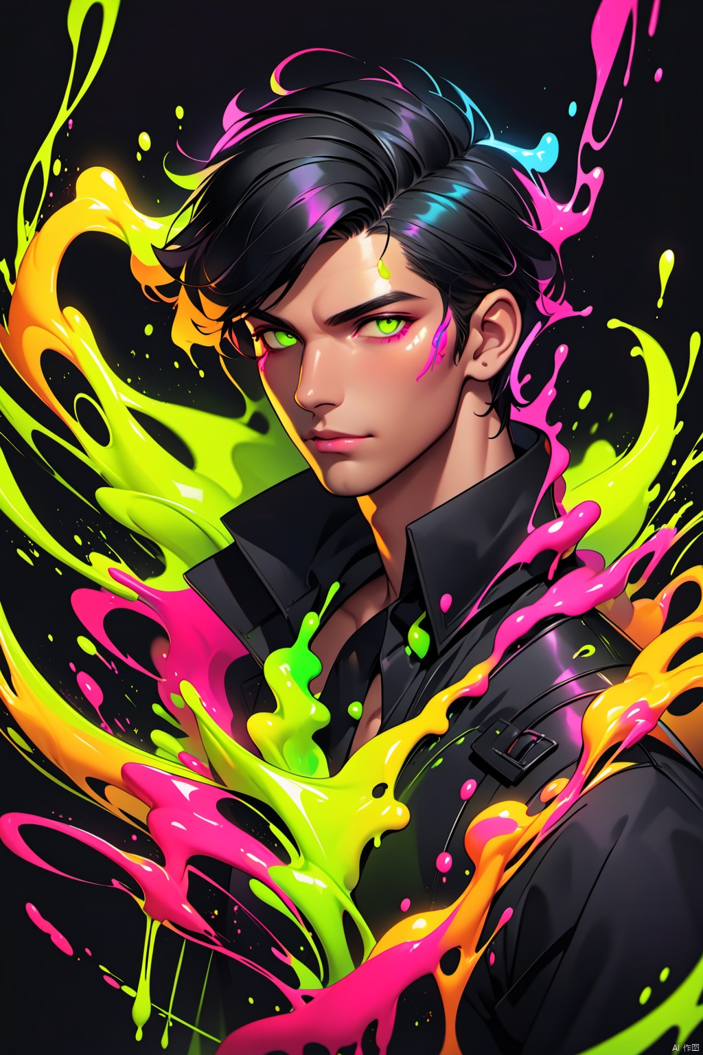 (masterpiece), (best quality),Beautiful male portrait with neon fluid shapes, liquid illustration, Artgerm, on a black background