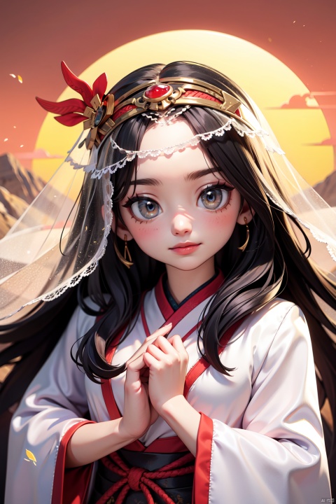 1girl,upperbody, portrait of a girl wearing traditional chinese dress hanfu, her long black hairs flowing with the wind, tendrils of hairs are on her pretty face, she's wearing a red veil on head and the veil covering half of her face, she's peeking through the veil at viewers, one hand holding the veil rim before her face, on the desert, sunset light, flying veil on face, slight smile,
masterpiece,best quality,very aesthetic,absurdres,
