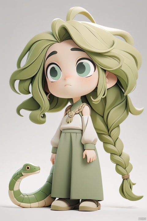 medusa with snakes for hair, in the style of Kate Beaton, white background, beige and green tones, simple details, minimalistic illustration, full body portrait, woman looking up to the sky, long dreadlocks, muted colors, white background, beige and olive green color palette, simple details, minimalistic illustration, fullbody, muted colors, isolated on a clean white background