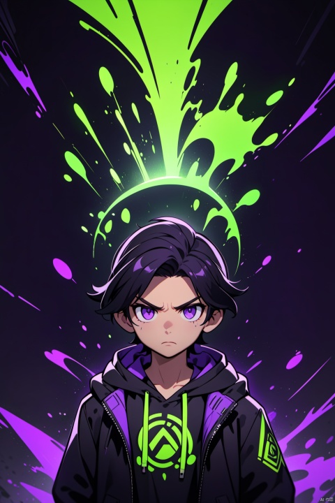  solo,(masterpiece), (best quality), A futuristic animated character with dark hair, purple eyes, and a stern expression, wearing a black jacket adorned with a logo and a hoodie beneath, stands confidently against a dark background, surrounded by neon-green splatters