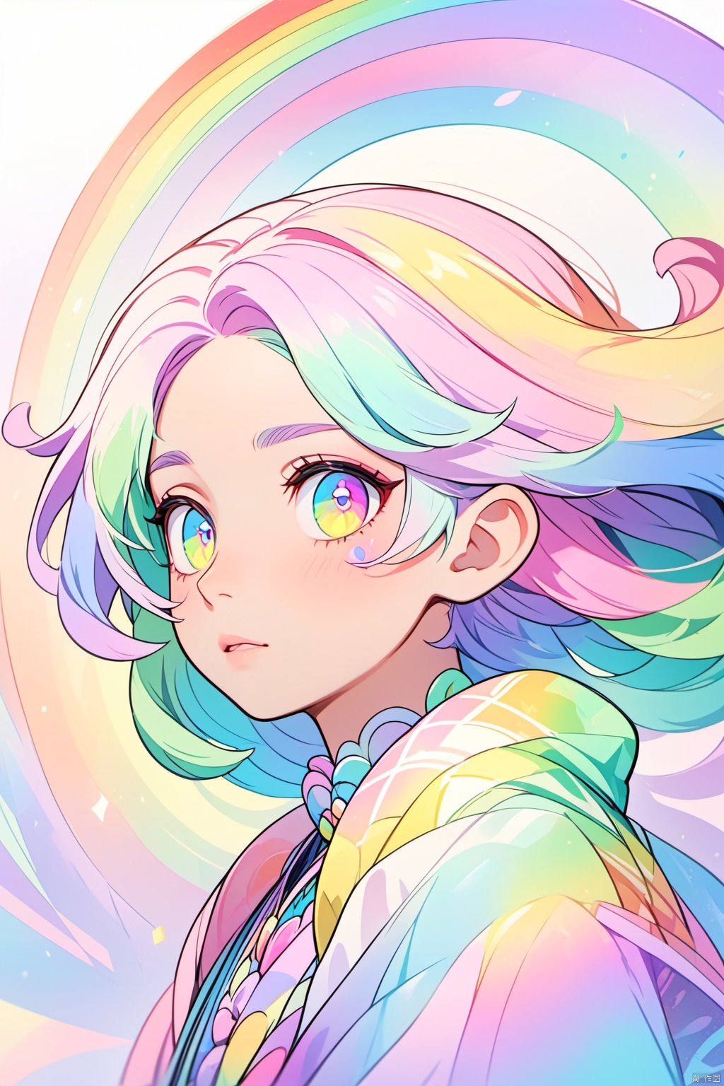  solo,(masterpiece), (best quality),The image showcases a digital artwork of a character with pastel-colored hair, vibrant eyes, and a transparent rainbow-patterned garment. The character appears contemplative, with a focus on the right side of their face