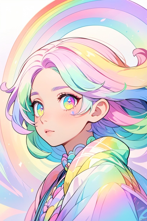  solo,(masterpiece), (best quality),The image showcases a digital artwork of a character with pastel-colored hair, vibrant eyes, and a transparent rainbow-patterned garment. The character appears contemplative, with a focus on the right side of their face