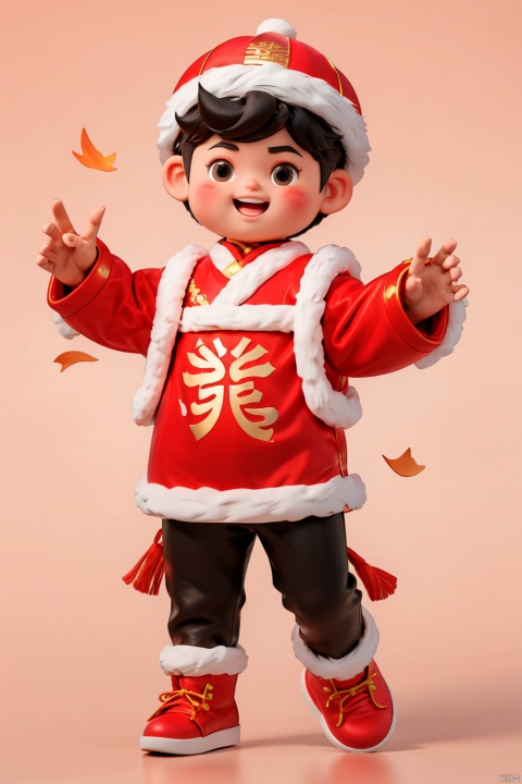 NY_BQB, 1boy, male focus, smile, solo, holding, open mouth, simple background, looking at viewer, hat, blush, black hair, black eyes, standing, full body, chinese couplets, red headwear, pink background, fur trim, red footwear
