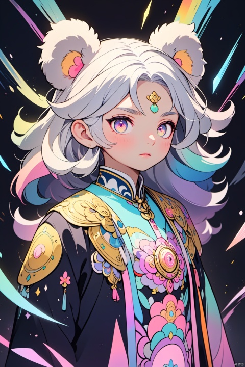  solo,(masterpiece), (best quality),A mystical figure with silver hair, donned in a pastel-colored jacket adorned with colorful, luminescent bear-like motifs, stands against a dark backdrop. The character's intense gaze and unique attire make them a captivating subject for any art enthusiast