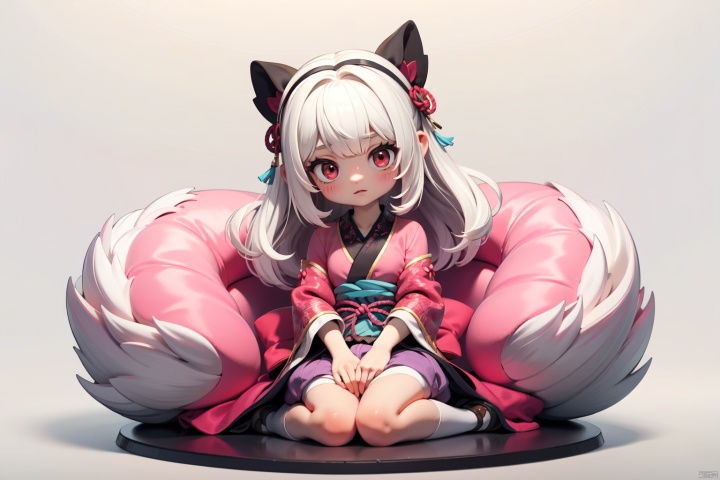 1girl,an animated female character with long white hair and red eyes, dressed in a pink blouse. She sits on a soft surface, with her tail curled up beside her. The artistic style is reminiscent of Japanese anime, with detailed shading and a warm color palette dominated by soft pinks and browns,
masterpiece,best quality,very aesthetic,absurdres,