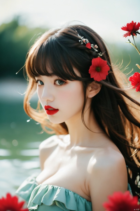Camera film style, Masterpiece, best quality, 32K, 1 girl, Solo, long hair, breasts, bangs, brown hair, hair decor, cleavage, bare shoulders, upper body, flowers, parted lips, hair flowers, water, close shoulders, blur, lips, depth of field, pattern, foam, red lips