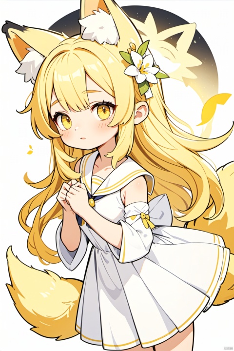  solo,(masterpiece), (best quality),1girl, animal ears, white background, simple background, detached sleeves, fox ears, blonde hair, halo, long hair, looking at viewer, dress, yellow eyes, hair ornament, flower, white dress, forehead, white sailor collar, sleeves past wrists, bangs, tail, sailor collar, fox tail, sleeveless, blush, parted bangs, animal ear fluff, bird, hair flower, backlight