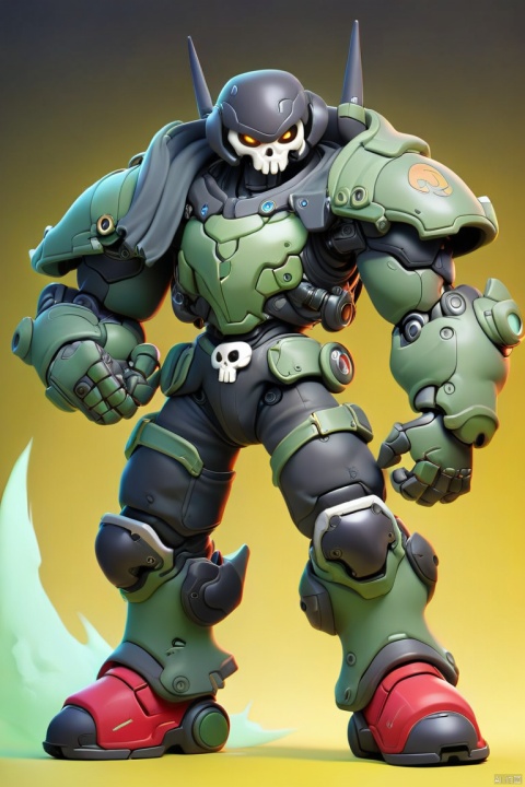 1boy, 

cyberpunk, green armor, rocket punch, coat, full body, shoulder spikes, power armor, breastplate, open hand, armored dress, headgear, black armor, hand up, skull ornament, gauntlets, boots, mechanical spine, gn drive, spikes, gradient background, knight, armor, legs apart, yellow background, spartan (halo), black headwear, waistcoat, full armor, boobplate, single gauntlet, simple background, long coat, mechanical arms, single mechanical hand, standing, red footwear, mecha danshi, solo, blue coat, armored boots, spiked armor, science fiction,

masterpiece, newest, absurdres, safe