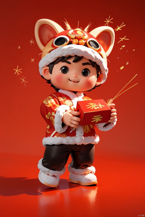 masterpiece,best quality,NY_BQB,1boy,chibi,male focus,solo,smile,chinese new year,fur trim,looking at viewer,standing,simple background,pants,full body,firecrackers,