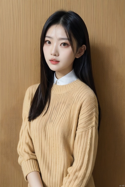 Camera film style,masterpiece, best quality,1girl, asians, a young woman with long, straight dark hair. She has a fair complexion and is gazing directly at the camera. She is wearing a knitted sweater with a patterned design, predominantly in beige and black tones. The background is plain, ensuring the viewer's focus remains on the subject