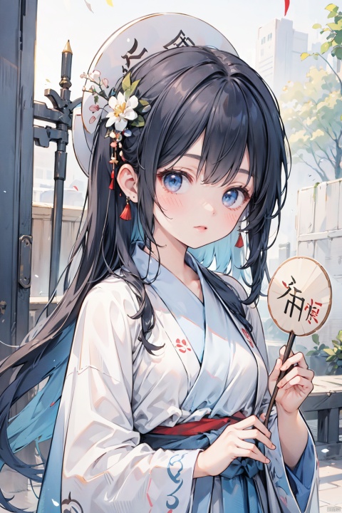 1girl,tuanshan,blue traditional attire,hanfu,holds a fan,upper body,, masterpiece,best quality,very aesthetic,absurdres, loli