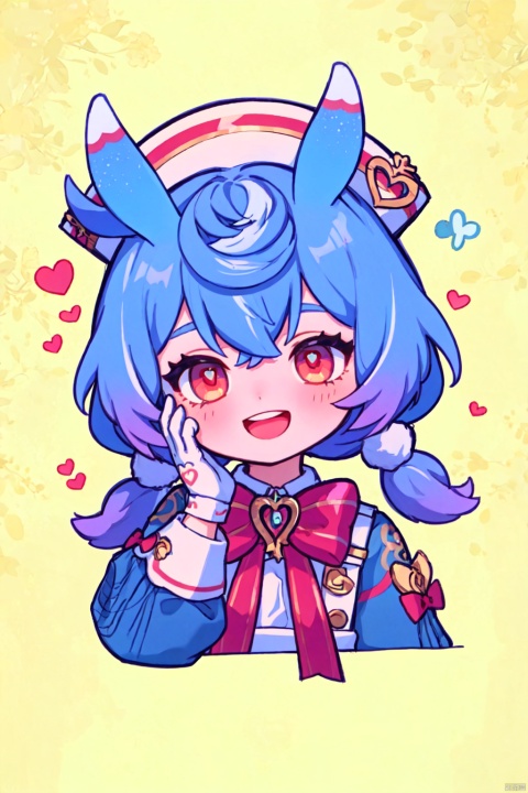  masterpiece, best quality, , 1girl, solo, red eyes, heart, animal ears, gloves, twintails, smile, hand on own face, open mouth, looking at viewer, hand on own cheek, low twintails, rabbit ears, bow, white gloves, long sleeves, blue hair, long hair, tail, halo, hair between eyes, bangs, hat, symbol-shaped pupils, teeth, gradient background, :d, gradient, red bow, upper body, sigewinne (genshin impact)