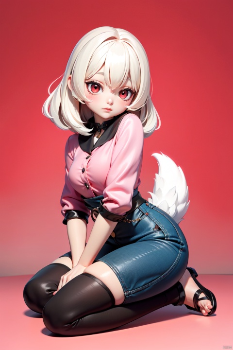 1girl,an animated female character with long white hair and red eyes, dressed in a pink blouse. She sits on a soft surface, with her tail curled up beside her. The artistic style is reminiscent of Japanese anime, with detailed shading and a warm color palette dominated by soft pinks and browns,
masterpiece,best quality,very aesthetic,absurdres,